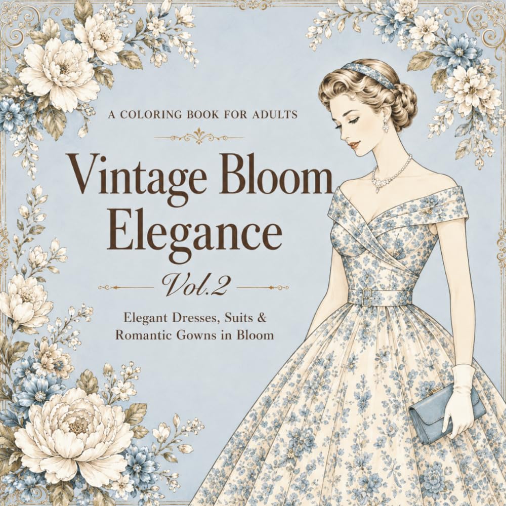 Vintage Bloom Elegance Vol. 2: A Relaxing 1950s Vintage Fashion Coloring Book for Adults
