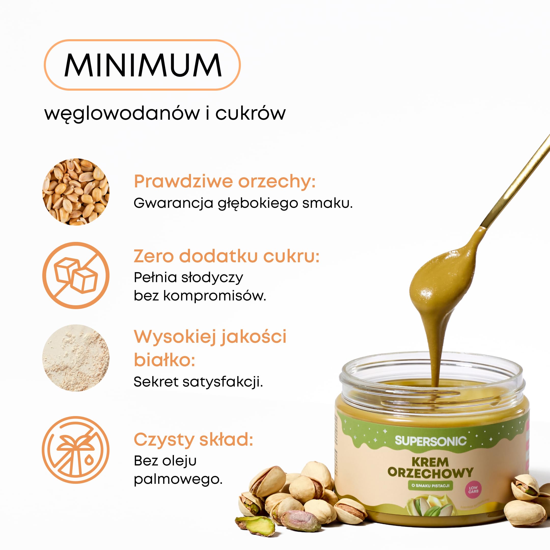 Supersonic Krem Orzechowy Pistacjowy 250 g – Bez Dodatku Cukru, Keto | Wegański, wysoka zawartość błonnika, bez oleju palmowego, 27% orzeszków ziemnych, olej MCT, inulina, do smarowania