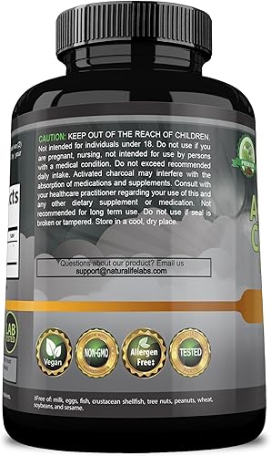 Miniatura 5 de NaturaLife Labs Carbón activado 1200 mg por porción - de cáscaras de coco - 100 cápsulas vegetales - Sin OMG, sin gluten, vegano