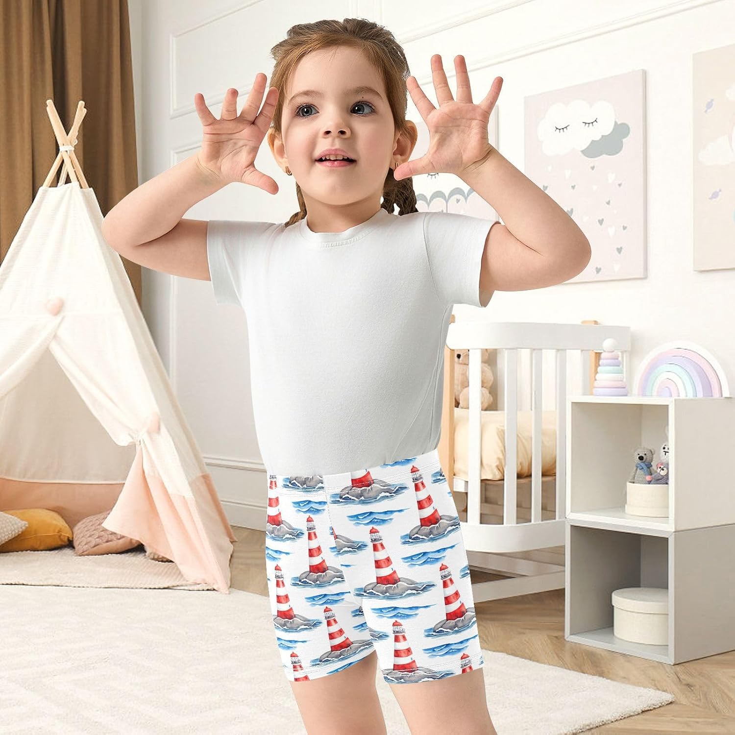 Lighthouse Wave White Girls Bike Shorts Toddler Soft Cotton Under Dress Cartwheel Shorts