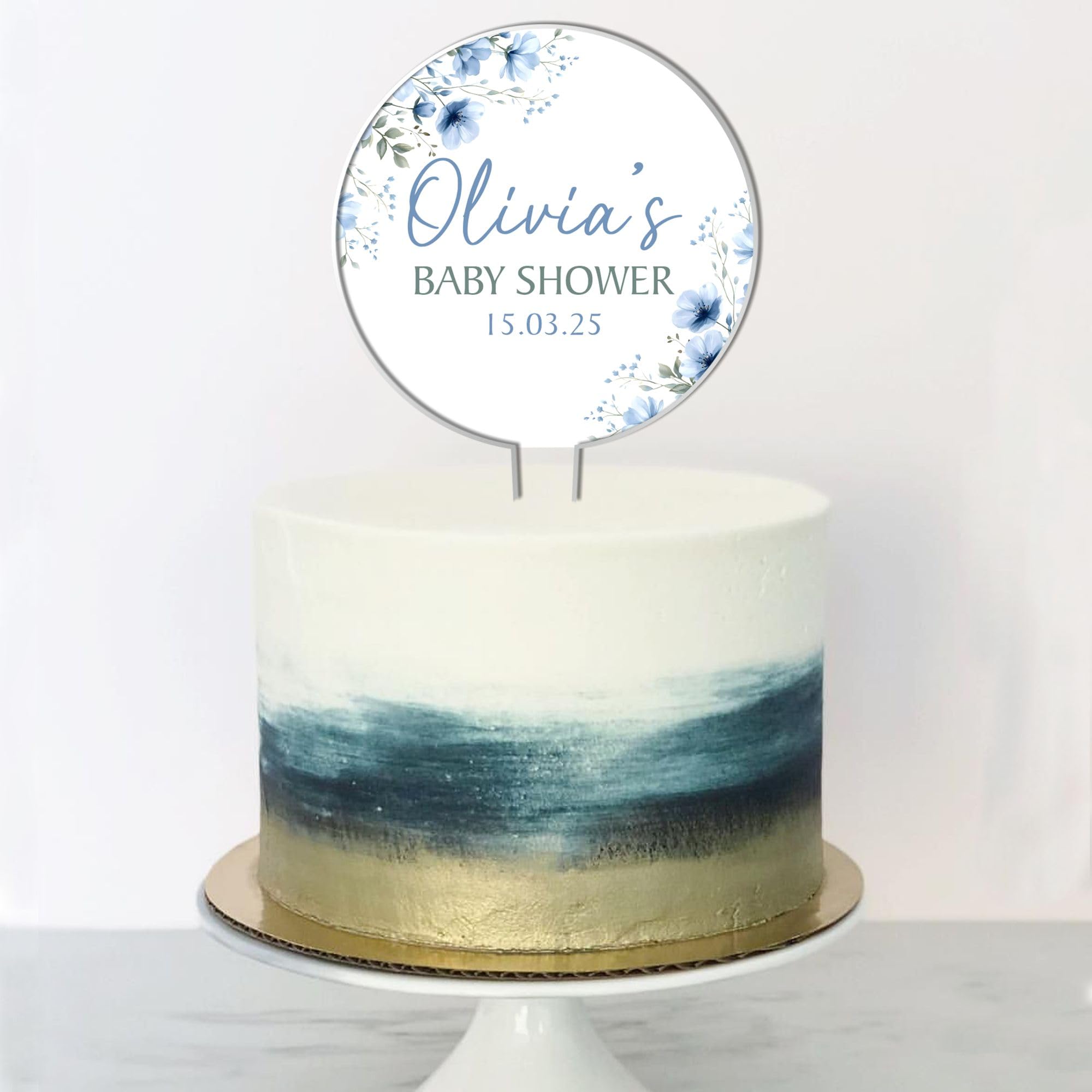 Personalised Baby Shower Cake Topper – Custom Child's Name & Event Date – Floral Acrylic Cake Decoration – Gender Reveal Party Keepsake - 5 Colour Options (Blue)