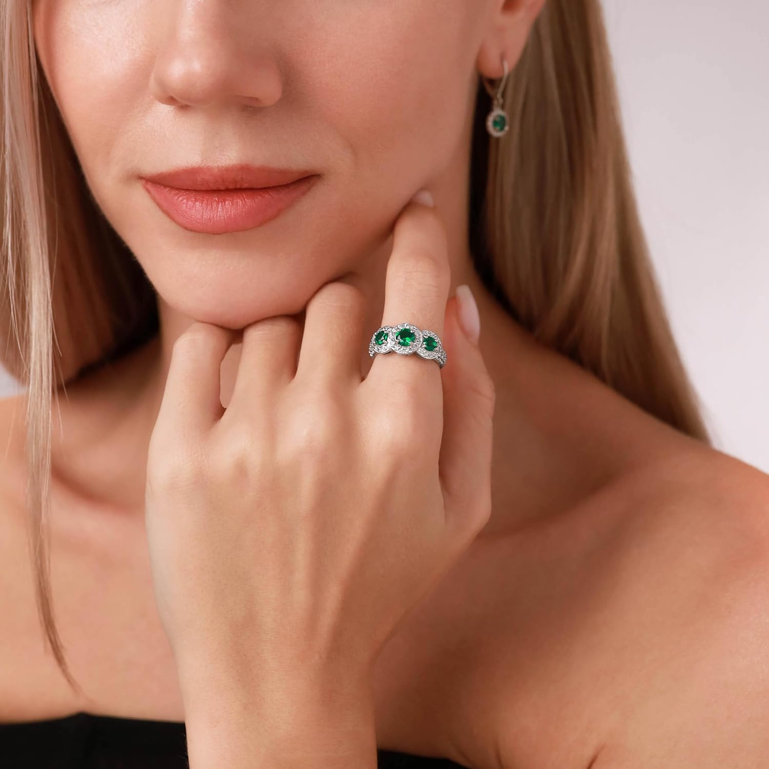 Silvershake 3-Stone Gemstone Surrounded White Gold Plated or Yellow Gold Plated 925 Sterling Silver Halo Engagement Ring Jewelry for Women