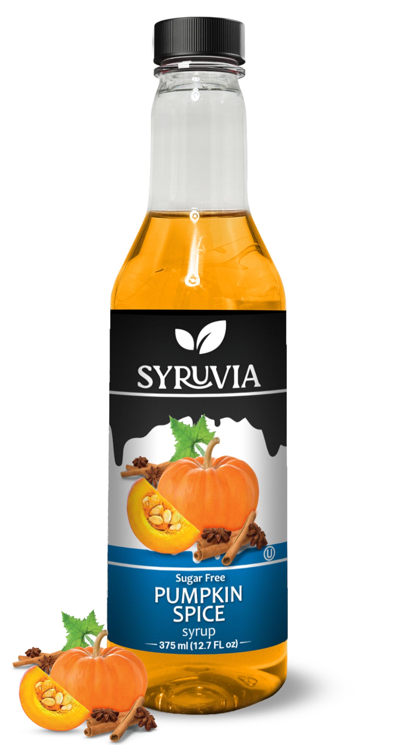 Syruvia Sugar-Free Pumpkin Spice Coffee Syrup - 12.7 fl oz Premium Coffee Flavoring Syrup - 0 Calorie - Kosher Coffee Syrups, Gluten Free, Perfect for Drinks, Soda, Shakes, Desserts, and More.