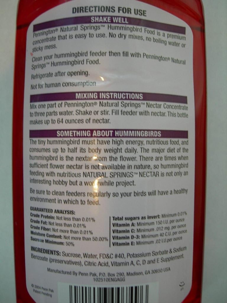 Pennington Natural Springs Hummingbird Nectar Food Concentrate Makes 64 oz : Patio, Lawn & Garden