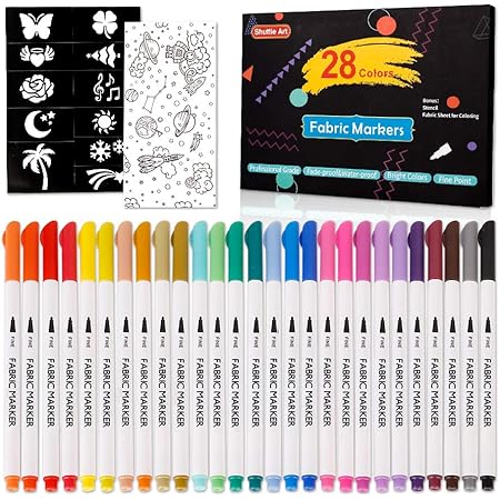 Amazon Co Jp Shuttle Art 布描き用ペン 布ペン 布用マーカー ファブリック用 28色セット カラーペン 名前ペン 水性 速乾 耐水 布に印付け用 手作り ハンドメイド Tシャツ かばん スニーカー ステンシル付 子供 大人 幼稚園 ホビー