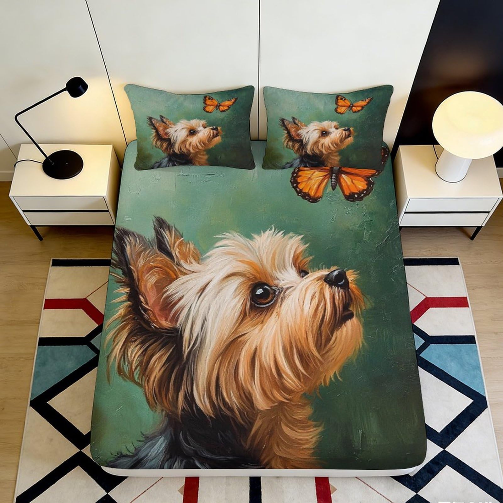 3D Printed Yorkshire Terrier Butterfly Fitted Sheet Microfiber Soft Bedroom Bed Cover Dorm Mattress Decor 90x200x25cm