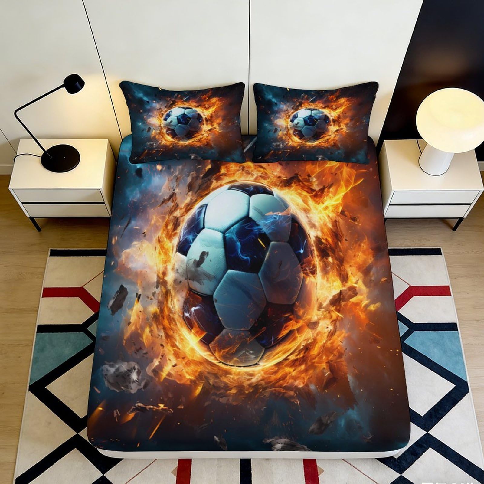 3D Printed Fire Soccer Fitted Sheet Microfiber Soft Breathable Flame Ball Mattress Cover for Bedroom Guest Room Decor 90x200x25cm