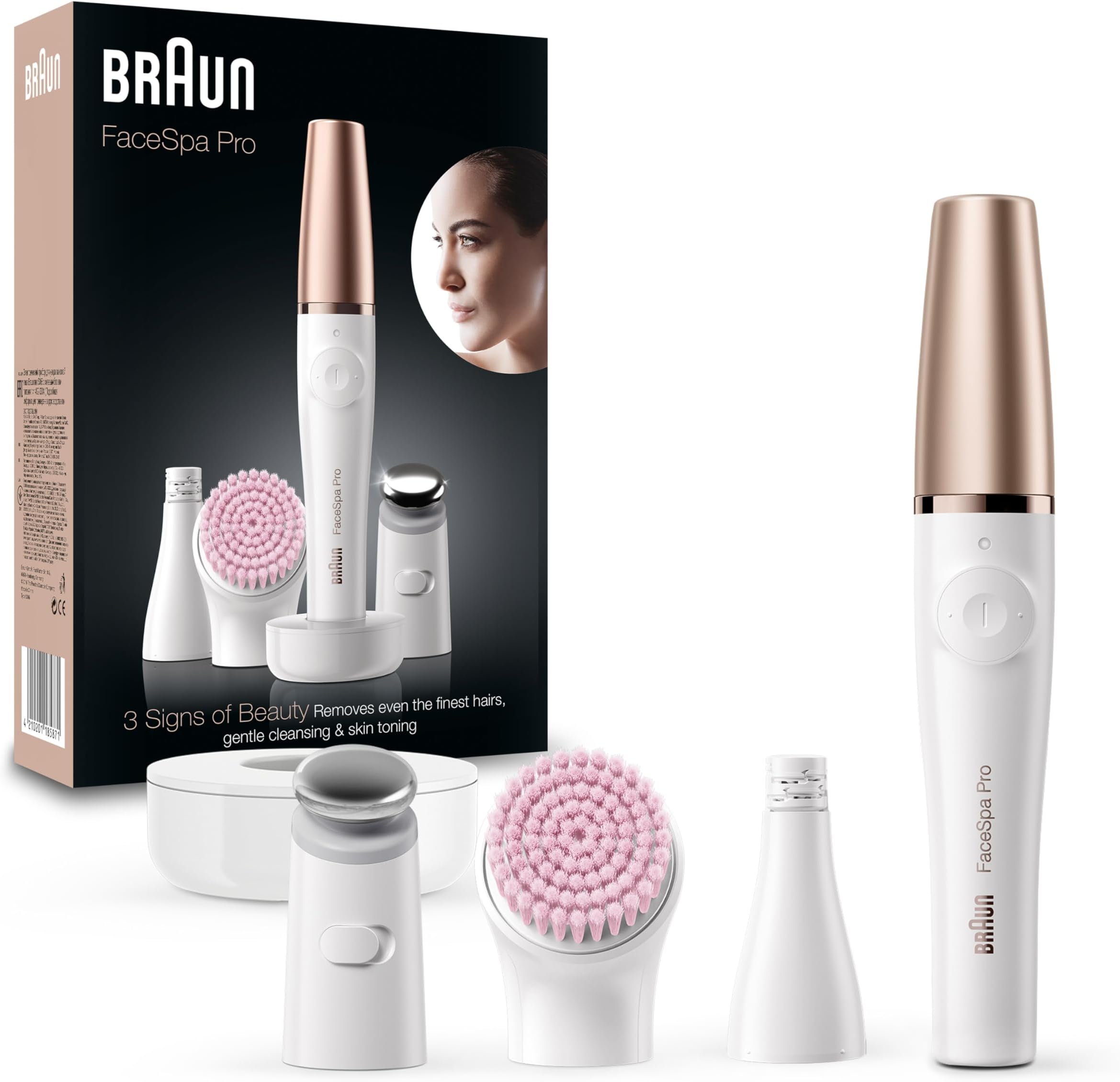 FaceSpa Face Epilator, Hair Removal with Facial Cleansing Brush Head, Toning Head & Charger Stand, Wet & Dry, SE912, White/Bronze