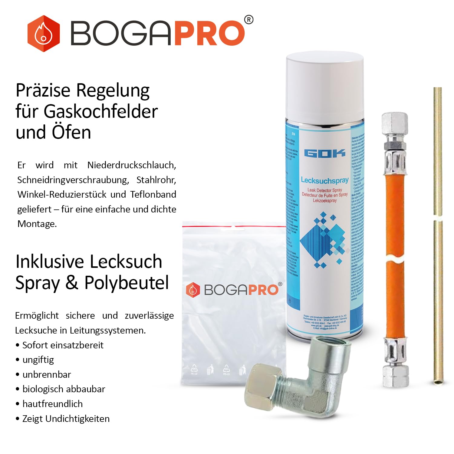 Gasdruckregler 50 mbar Set für Herd oder Ofen mit Niederdruckschlauch 40 cm lang, Stahlrohr 40 cm lang, 90° Winkel. inkl. Polybeutel und Lecksuchspray