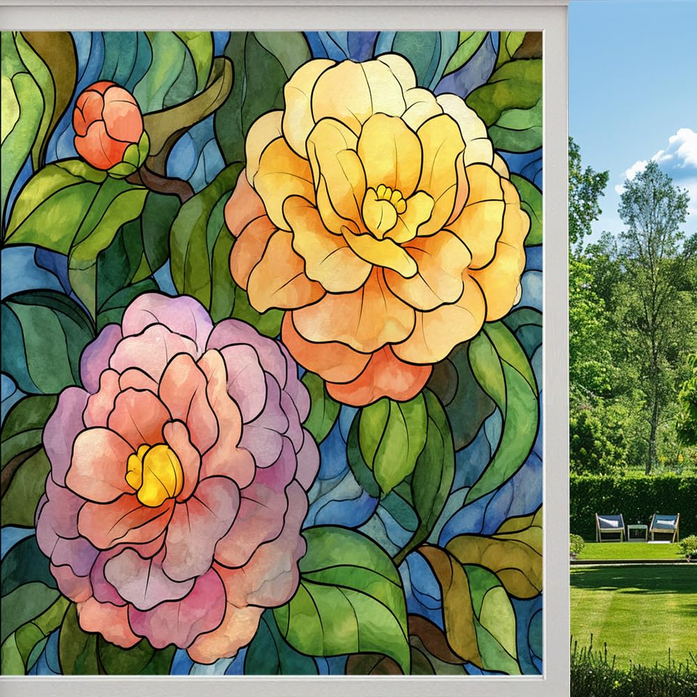 Watercolor Camellias Stained Glass Window Film, Floral Natural Plants Bouquet Peel and Stick Privacy Film, Frosted Adhesive Vinyl Decorative for Bathroom Windows Glass Doors, （80x140cm）