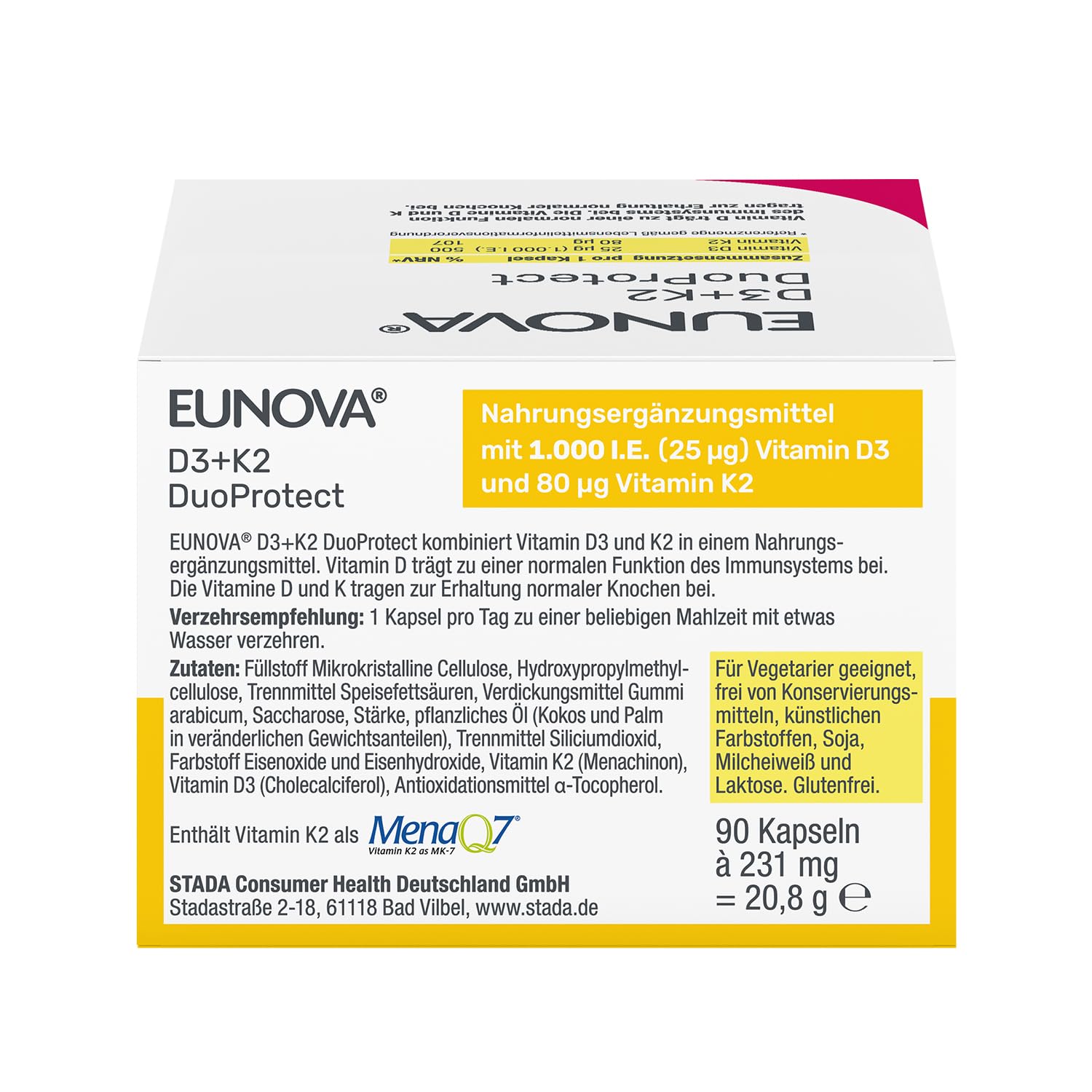 EUNOVA D3 + K2 DuoProtect – 1.000 I.E. Nahrungsergänzungsmittel zur normalen Funktion des Immunsystems & Erhaltung normaler Knochen 90 Kapseln (2 er Pack)