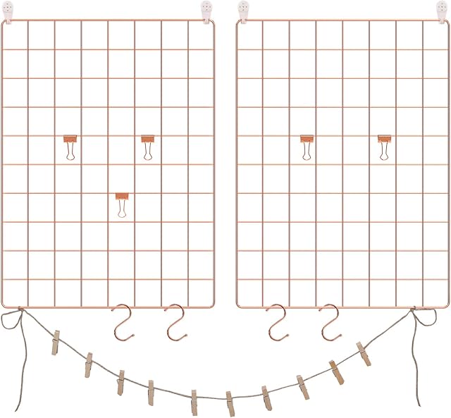 SONGMICS Grid Panels, Photo Wall Display, Metal Mesh Wall Decor, DIY, Hanging Picture Wall, S Hook, Clip, Hemp Cord, Set of 2, Rose Gold LPP01DR