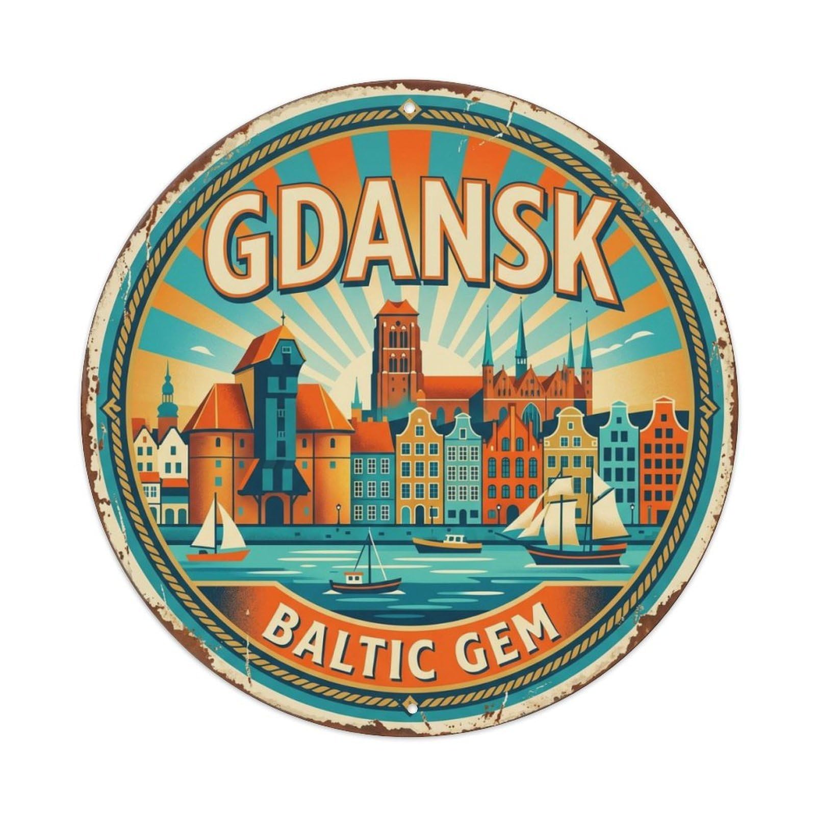 Vintage Travel Gdansk Poland Town Metal Tin Sign Plaque Wall Decor for Cafe, Club Bar, Office, Home Garden Round Metal Poster 8x8Inch