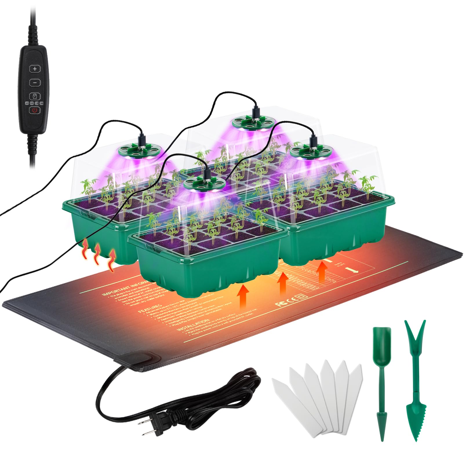 Seed Starter Tray with Grow Light & Heat Mat- 4 Pack 48 Cell Durable Easy Use Seed Starter Kit for Beginners, Thriving Seedling Germination Kit with Humidity Domes for Indoor Plant Growing Propagation