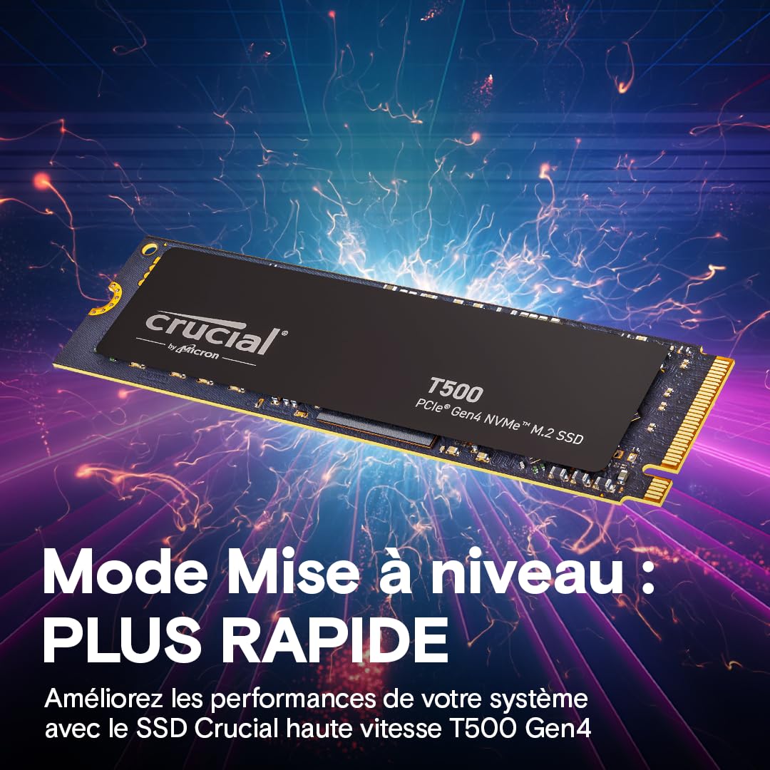 Crucial T500 SSD 1To PCIe Gen4 NVMe M.2, Jusqu’à 7300 Mo/s, TLC NAND, Compatible avec Ordinateur Portable et de Bureau, Disque Dur Interno, Microsoft DirectStorage - CT1000T500SSD8