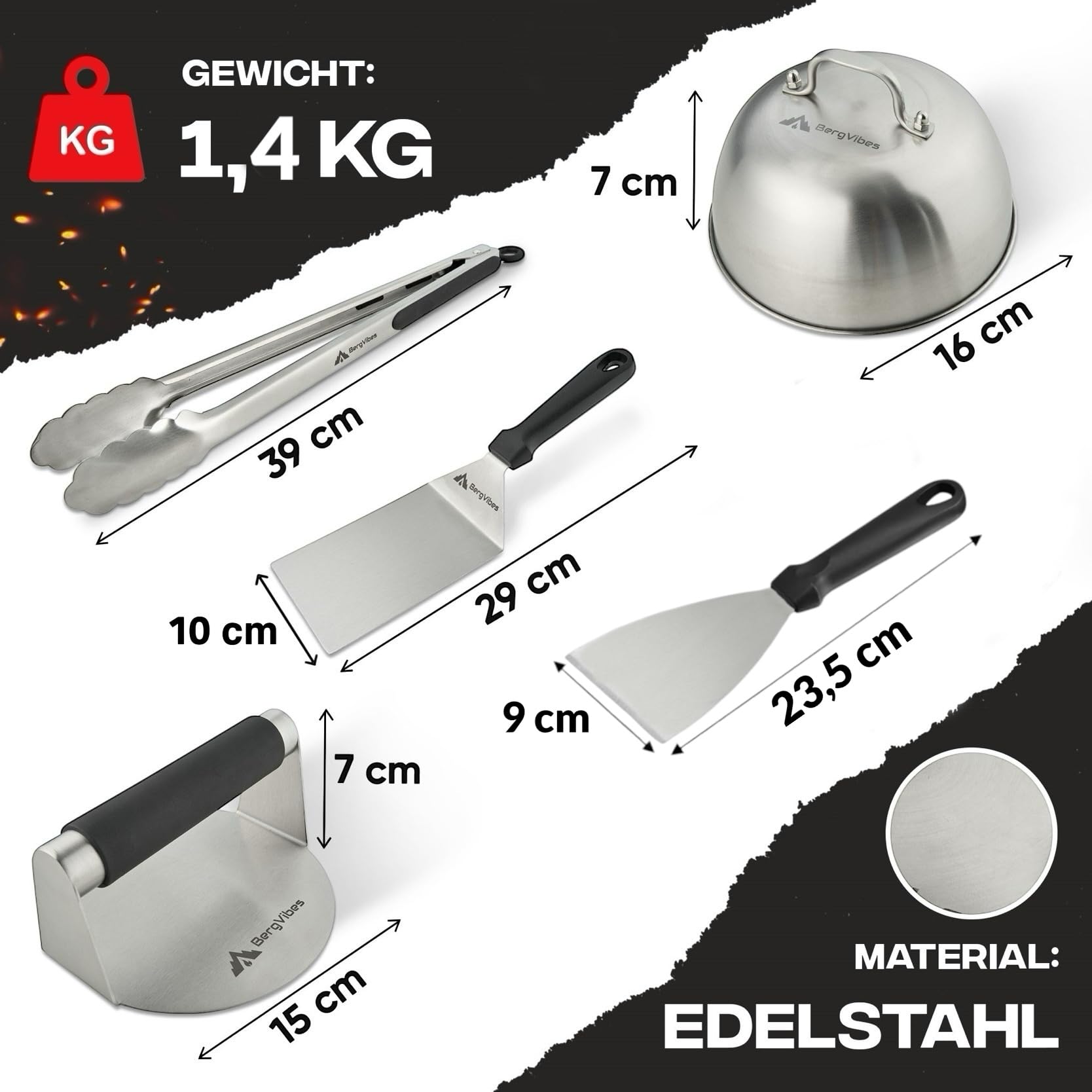 Smash Burger Set 6 TLG. aus Edelstahl für Plancha, 2 Burgerglocken, Burgerpresse, Smasher, Pattywender, Grillzange, Burger Smasher Set, das ideale Geschenkset (Exklusive)