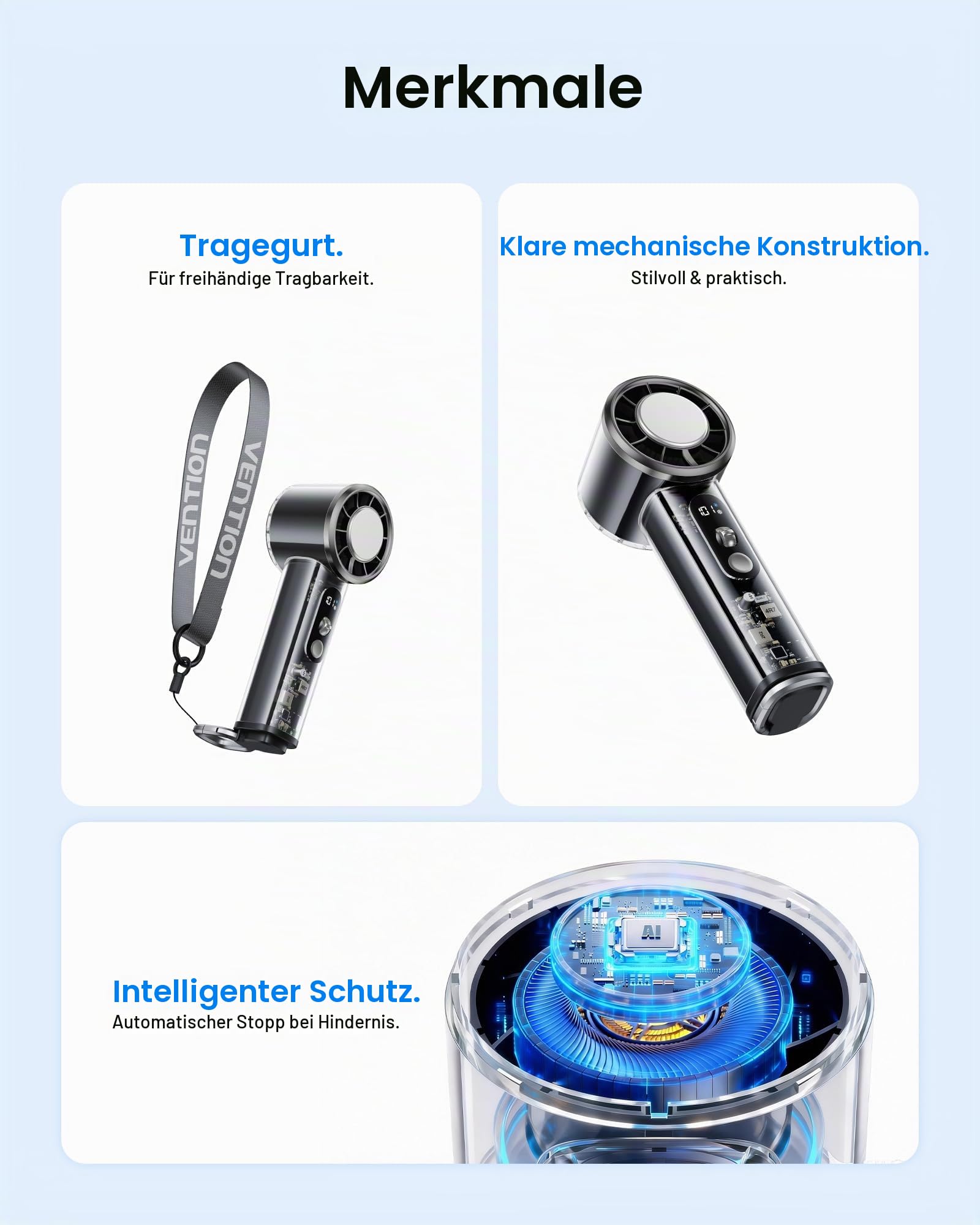 VENTION Handventilator Mini Handventilator USB-C 2-9h Betriebsdauer Reise Büro