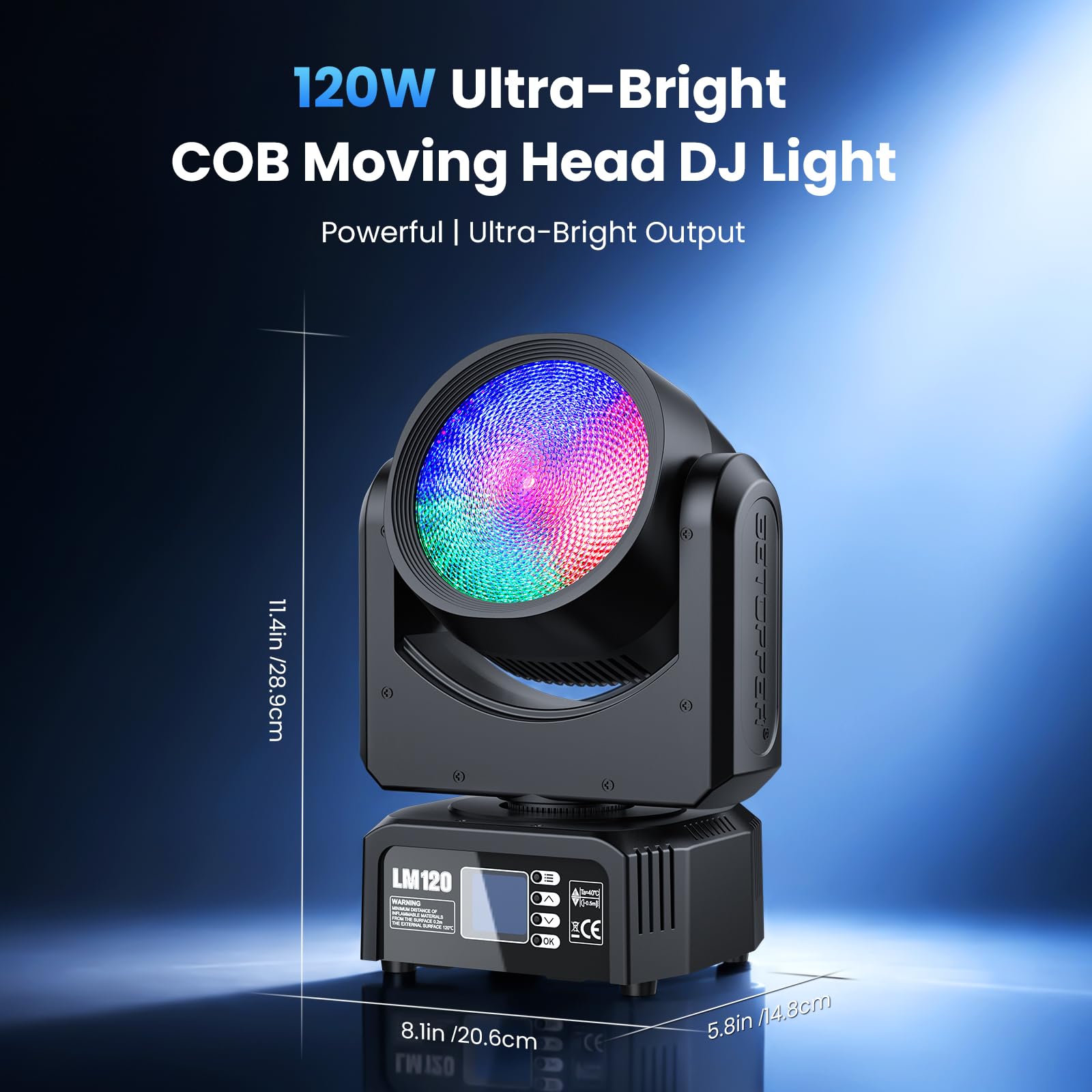 BETOPPER 120W Moving Head Lampe RGBW, Lyre LED DMX512, Éclairage de Scène Tête Mobile avec Lentille Unique, Activé Par le Son Lumière Disco pour Les Fêtes, DJ, Spectacles (LM120)