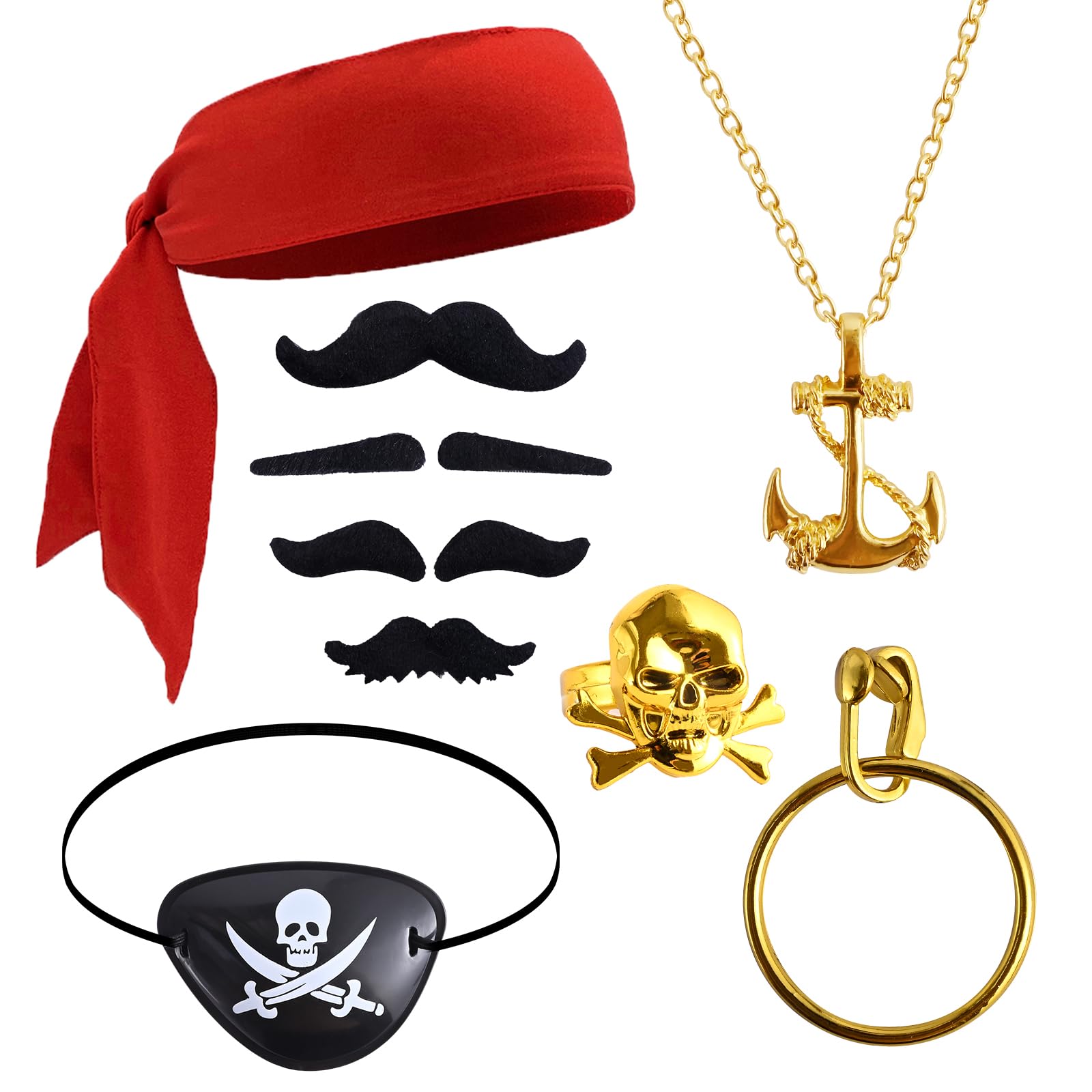 BIAO TX 9 Pcs Pirate Costume Accessories Set,Red Pirate Head Scarf Pirate Eye Patch Pirate Ship Anchor Necklace Pirate Earrings Pirate Ring Multiple Fake Beard and Eyebrows