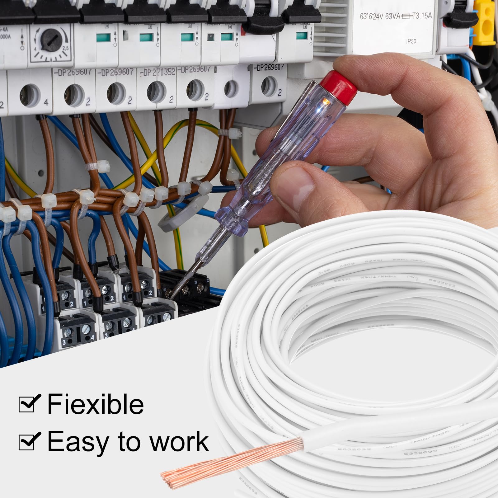 QUARKZMAN Cable Eléctrico Aislado Cobre Trenzado 14 AWG 150 Pies Cable Conexión THHN Cable Para Timbre Cableado Industrial Cableado Para Remolques Para 600 Voltios Listado UL Blanco