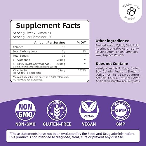 Miniatura 3 de Gomitas de L-teanina de 400 mg, glicinato de magnesio 400 mg, melatonina 10 mg y gomitas de L-triptófano 500 mg, 5-HTP 200 mg para adultos y niños