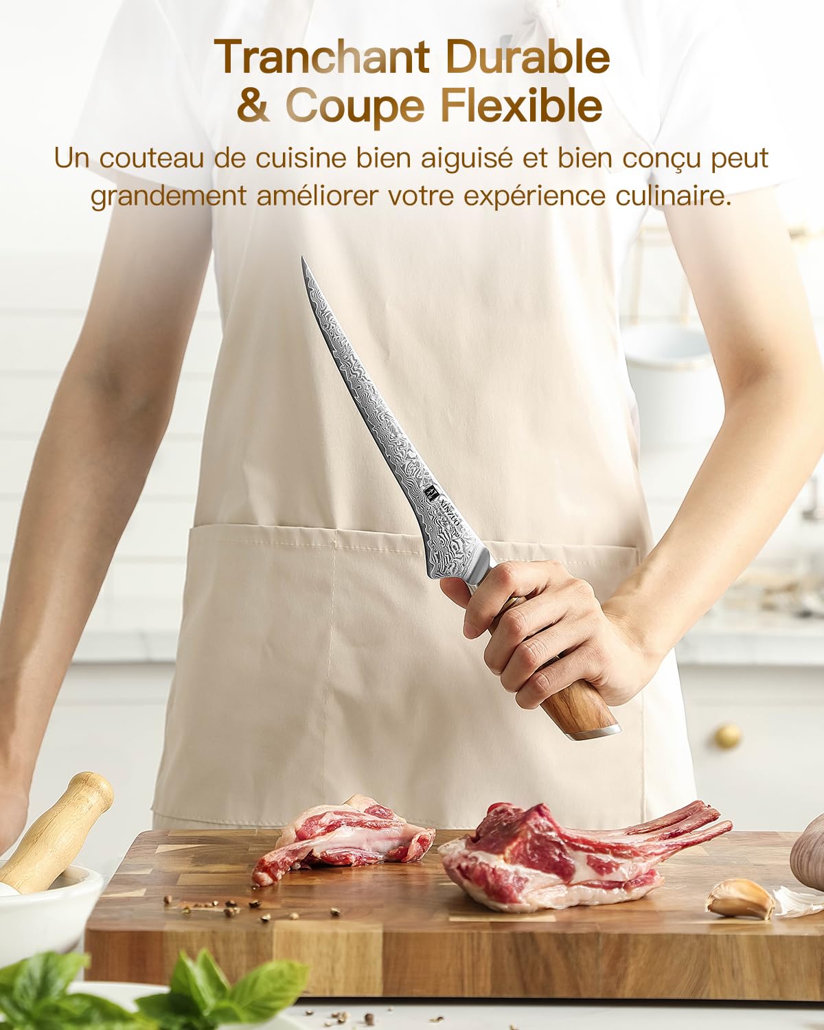 XINZUO Acier en Poudre de Damas 17,8cm Couteau à Filet,73 Couche Damas Acier de Couteau à Désosser pour Désosser le Poisson et la Viande,Couteaux à Fileter Chef Professionnel-Poignée en Bois d'Olivier