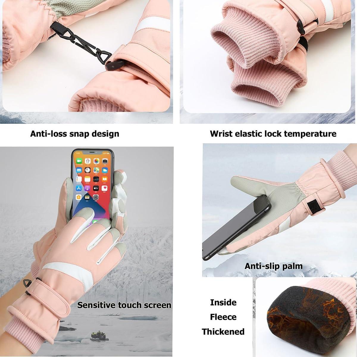 Hjkiopc Gants De Ski Femme Hiver - Imperméables, Coupe-Vent, Écran Tactile, Polaire Épaissie Pour Ski, Rando, Vélo