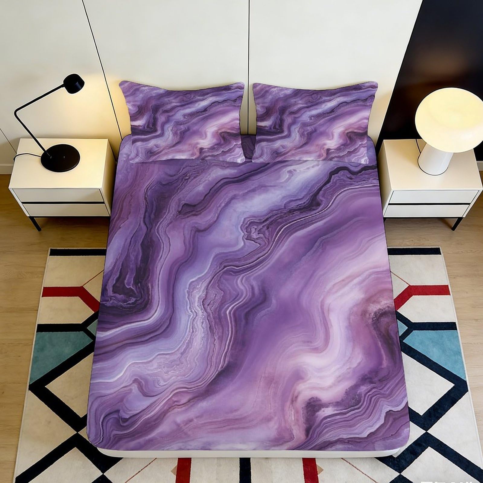 3D Printed Purple Marble Fitted Sheet Microfiber Soft Bedroom Decor Abstract Swirl Mattress Cover for Home Dorm 90x200x25cm