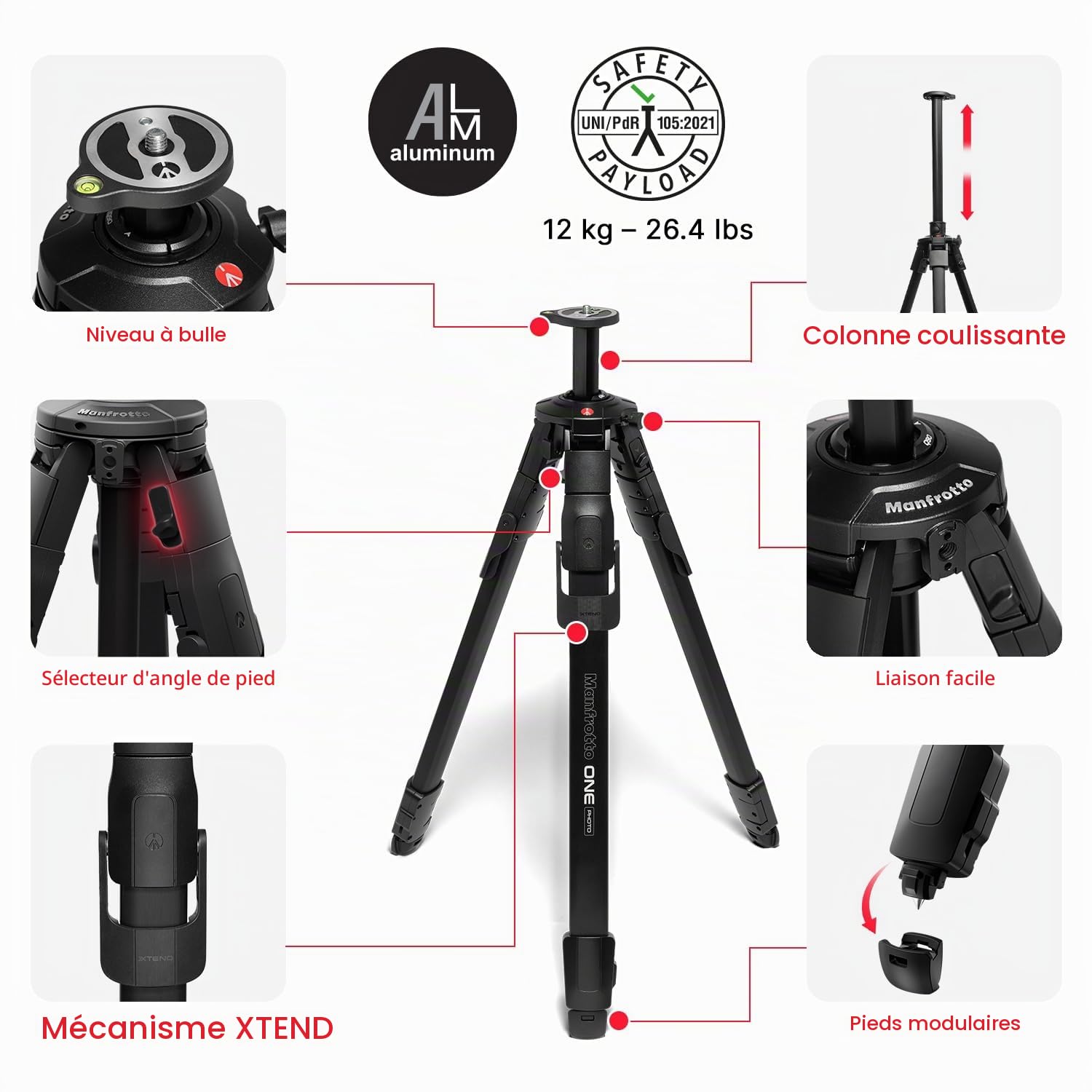 Manfrotto One Photo, Trépied Aluminium, Charge 12kg, Colonne Horizontale 90°, Jambes XTEND, Colonne Coulissante, Pieds Modulaires (Caoutchouc/Pointes), pour Appareils DSLR et Hybrides