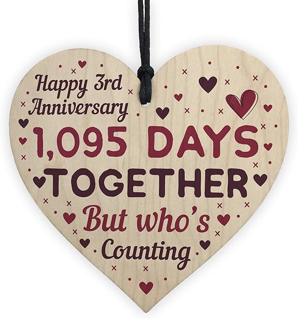 RED OCEAN Handmade Wooden Heart Plaque Gift To Celebrate 3rd Wedding Anniversary Husband Wife Someone Special Keepsake (3 Years)
