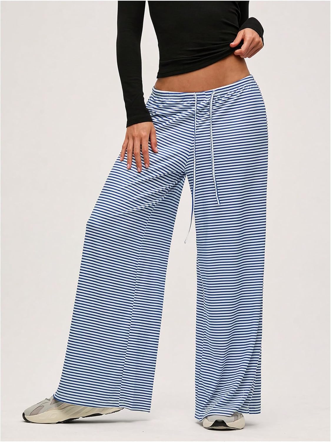 Floerns Women's Striped Wide Leg Pants Drawstring Waist Loose Long Trousers Lounge Bottoms - Image 3