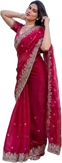 Dhyey fashion Women's Organza Embroidered Saree with Designer Embroidery Border and Unstitched Blouse Piece | saree for wo...
