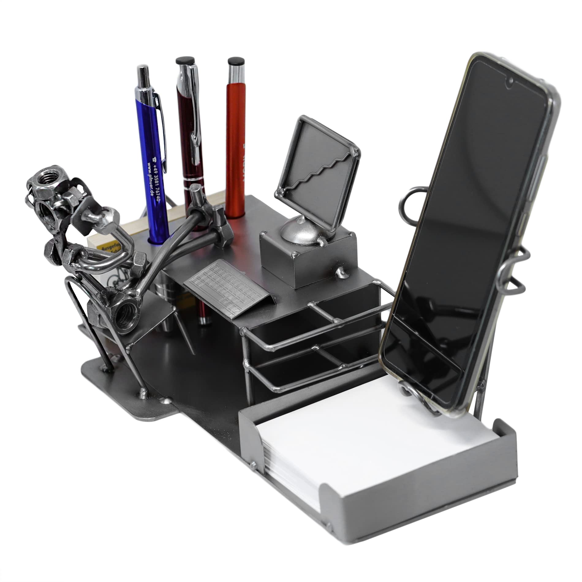 Schraubenmännchen BÜRO PC Schreibtisch Organizer Handyhalter Visitenkartenhalter Stiftehalter Zettelbox Handarbeit Geschenkidee Metallmännchen Stahlfigur - Deko für Büro & Zuhause