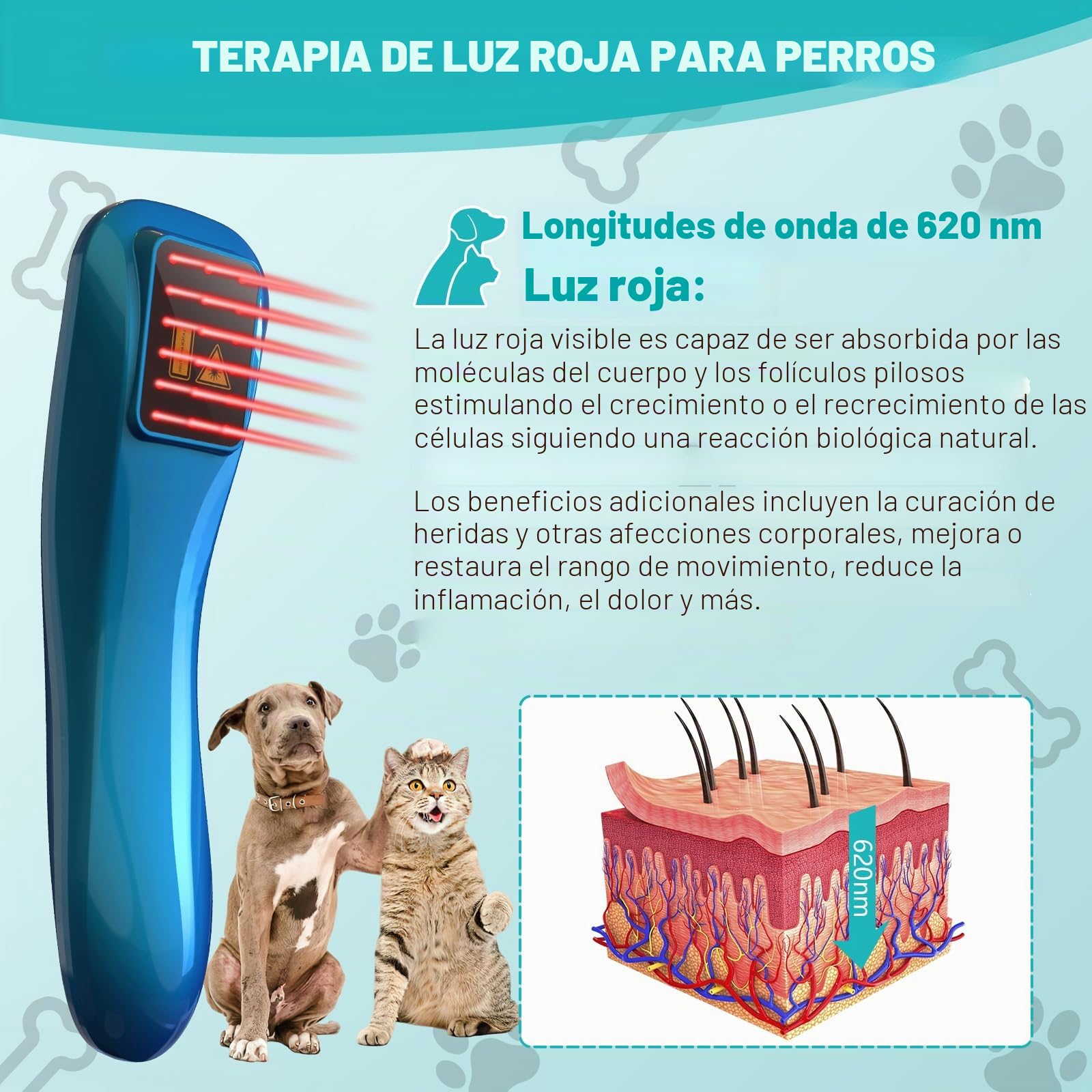 Terapia láser para perros, dispositivo de terapia de luz roja portátil con 18 x 620 nm para músculos de mascotas, cadera y artritis articular, alivio del dolor, cuidado de heridas, problemas