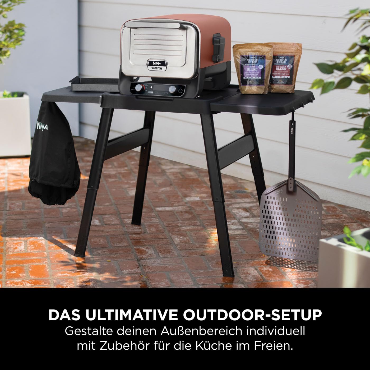 Ninja Woodfire verstellbarer Ständer und Beistelltisch, Außenofen- und Grillständer, robuster Outdoor-Kochtisch und Pizzaofenständer, Schwarz 4718J800EUUK