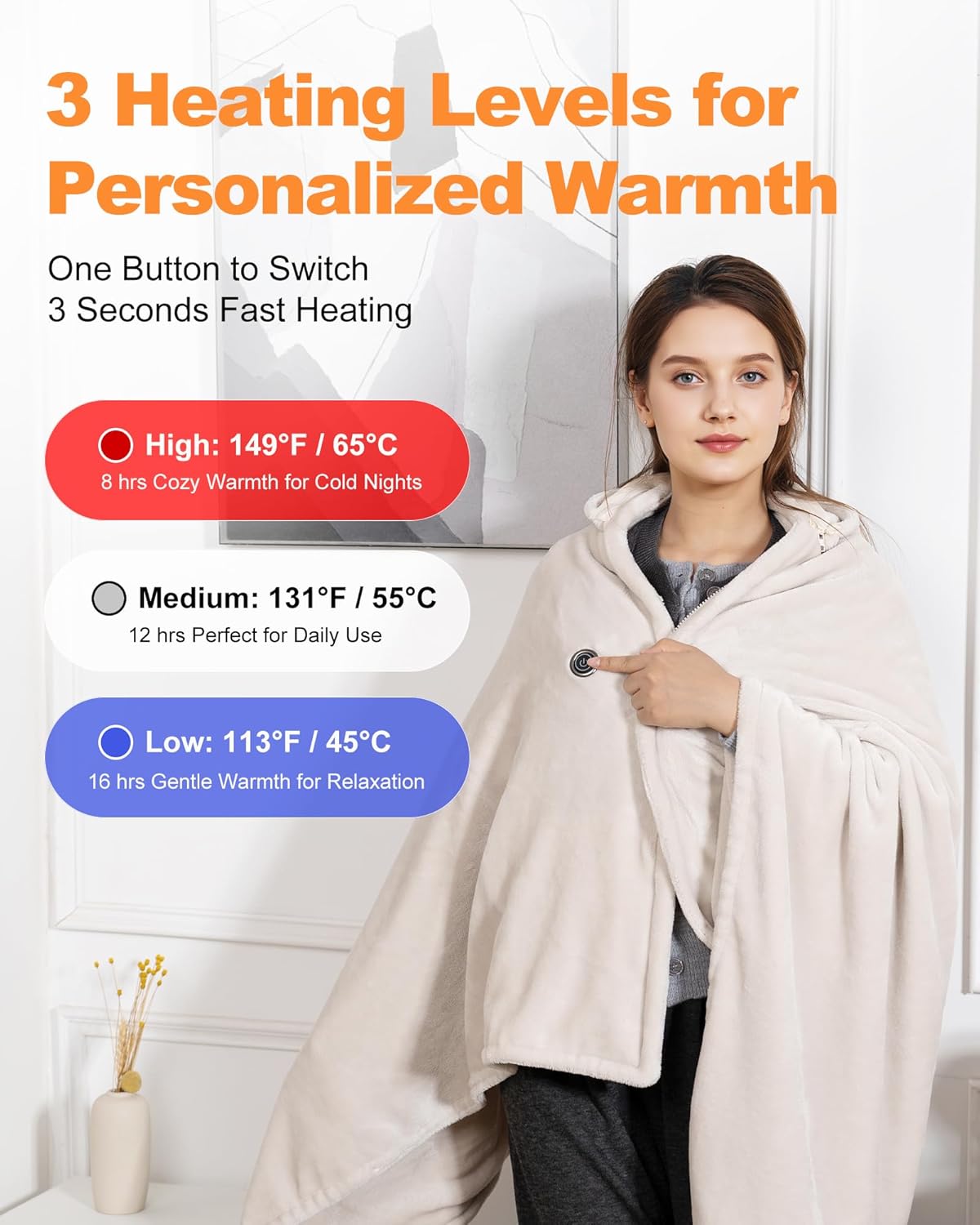 Cordless Heated Blanket with Hood, Rechargeable Wearable Heated Blanket Battery Powered with Strong Battery, 9 Heating Zones, 3 Levels, Portable Heated Throw Blanket, Camping (Delighted Warming Gray)