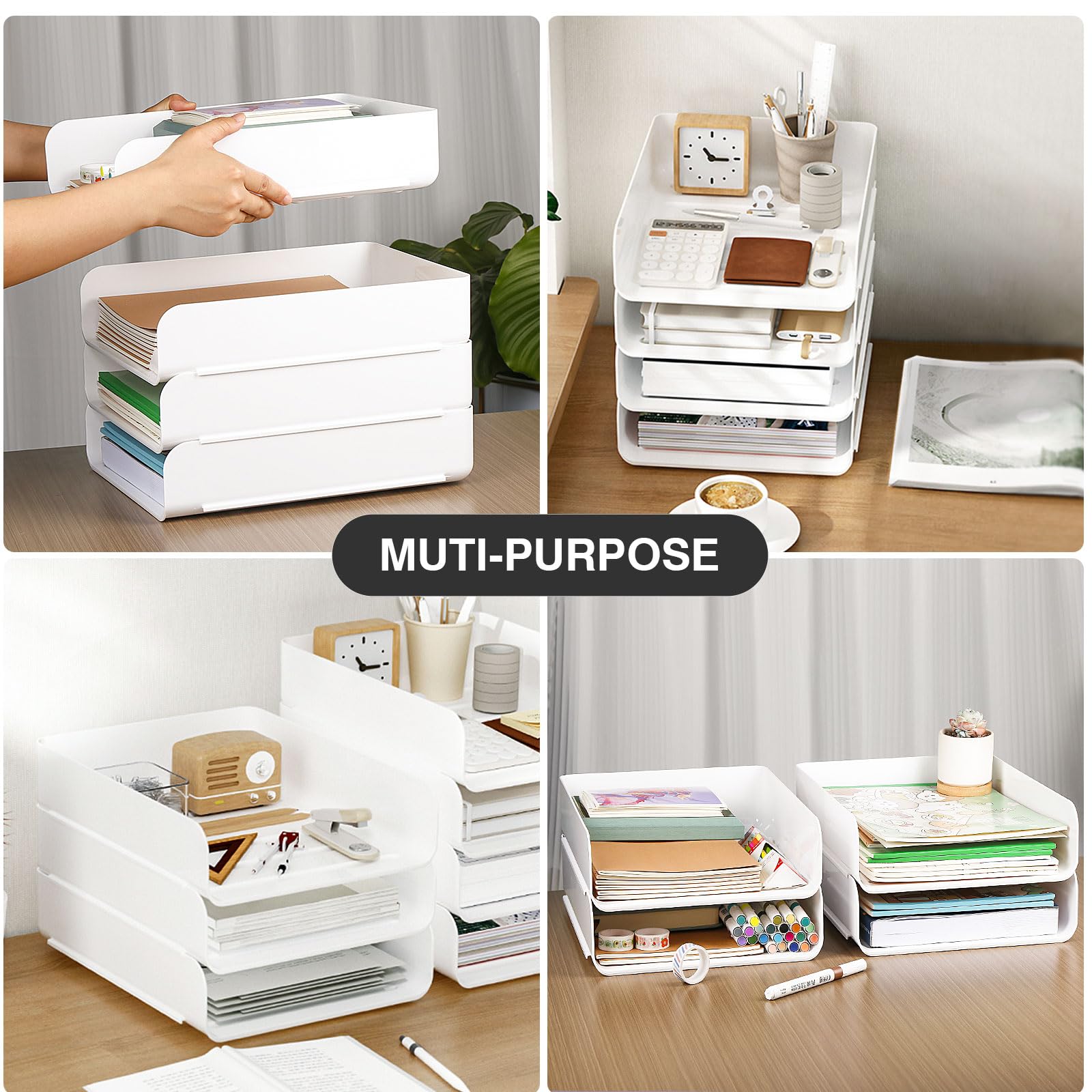 Greentainer 4-Stöckige Ablagekorb für A4, Dokumentenablage aus PET Kunststoff, Stapelbare Schreibtisch Organizer Briefkorb, Briefablage,A4-Papierablage für Zuhause,Büro,Schule(4pcs Weiß)