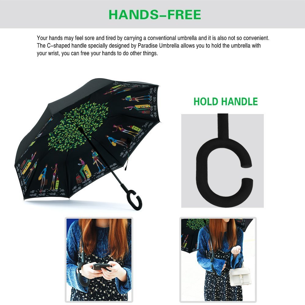 Doppio Strato Invertito Ombrello, Manico a Forma di C Ombrello Ribaltabile Inverso, Anti UV Antivento Umbrella di Viaggio