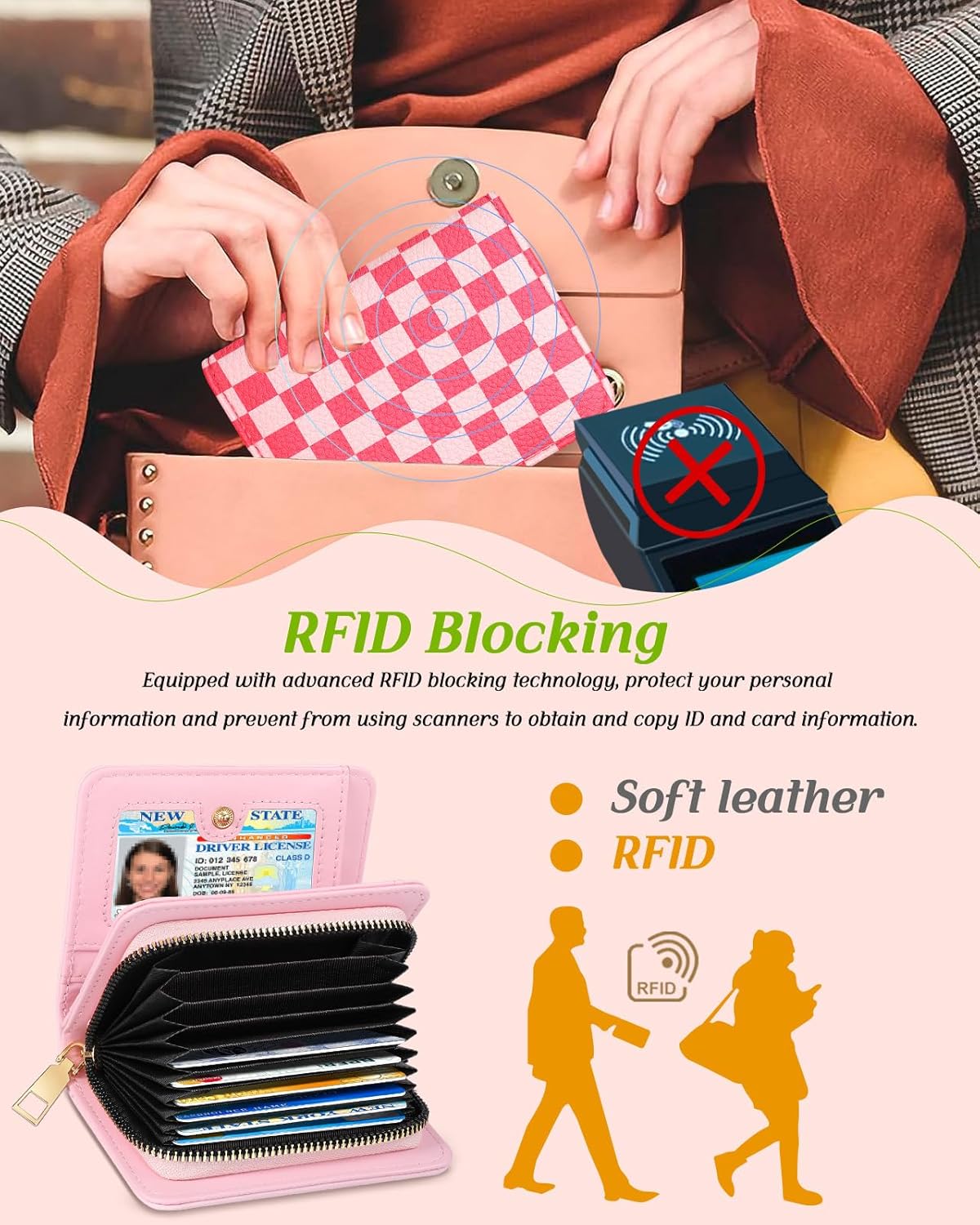 Bistup Credit Card Holder Wallet for Women - Cute Leather Ladies Teen Girls Female Cardholder Wallets Accordion Purse Small Medium Aesthetic Print Plaid Unique Modern Rfid Zipper Around - Image 5