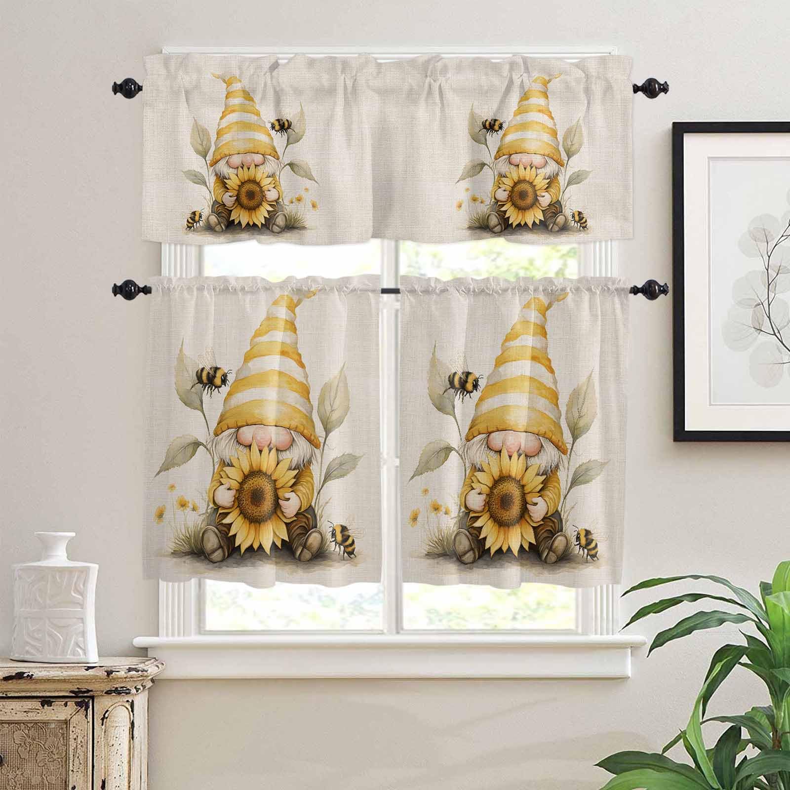 Sunflower Kitchen Curtains 36 Inch Length, 3 Piece Rod Pocket Small Half Tiers and Valance Set, Dwarf Yellow Hat Beige Watercolor Artwork Small Large Window Treatment Decor for Bedroom/Bathroom Sink