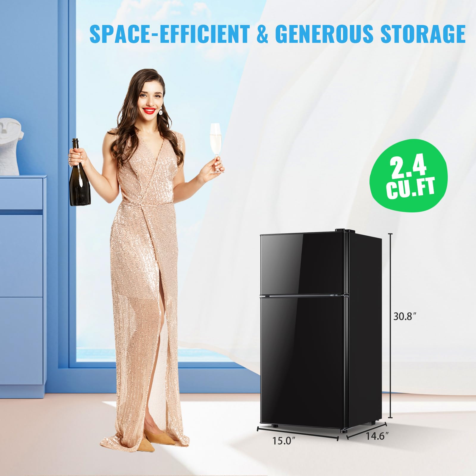 Demuller 2.4 Cu.Ft Mini Fridge With Freezer & Double Door Small Tiny Size Refrigerator With 7 Temperature Control Knob Only Suitable For One Person Use Black on Fridge.com - View 3
