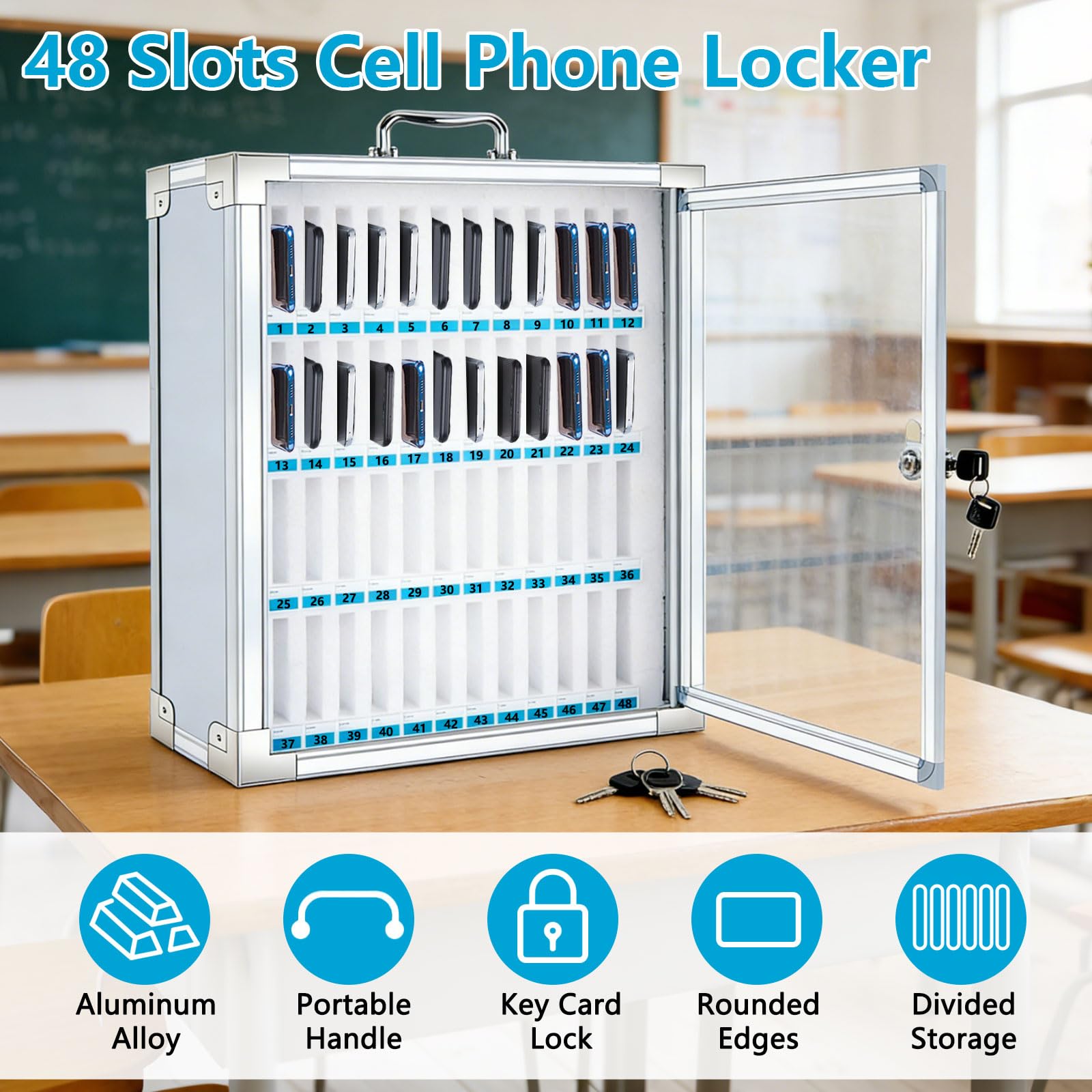 Armoire de rangement téléphone portable 48 emplacements casiers verrouillables argenté