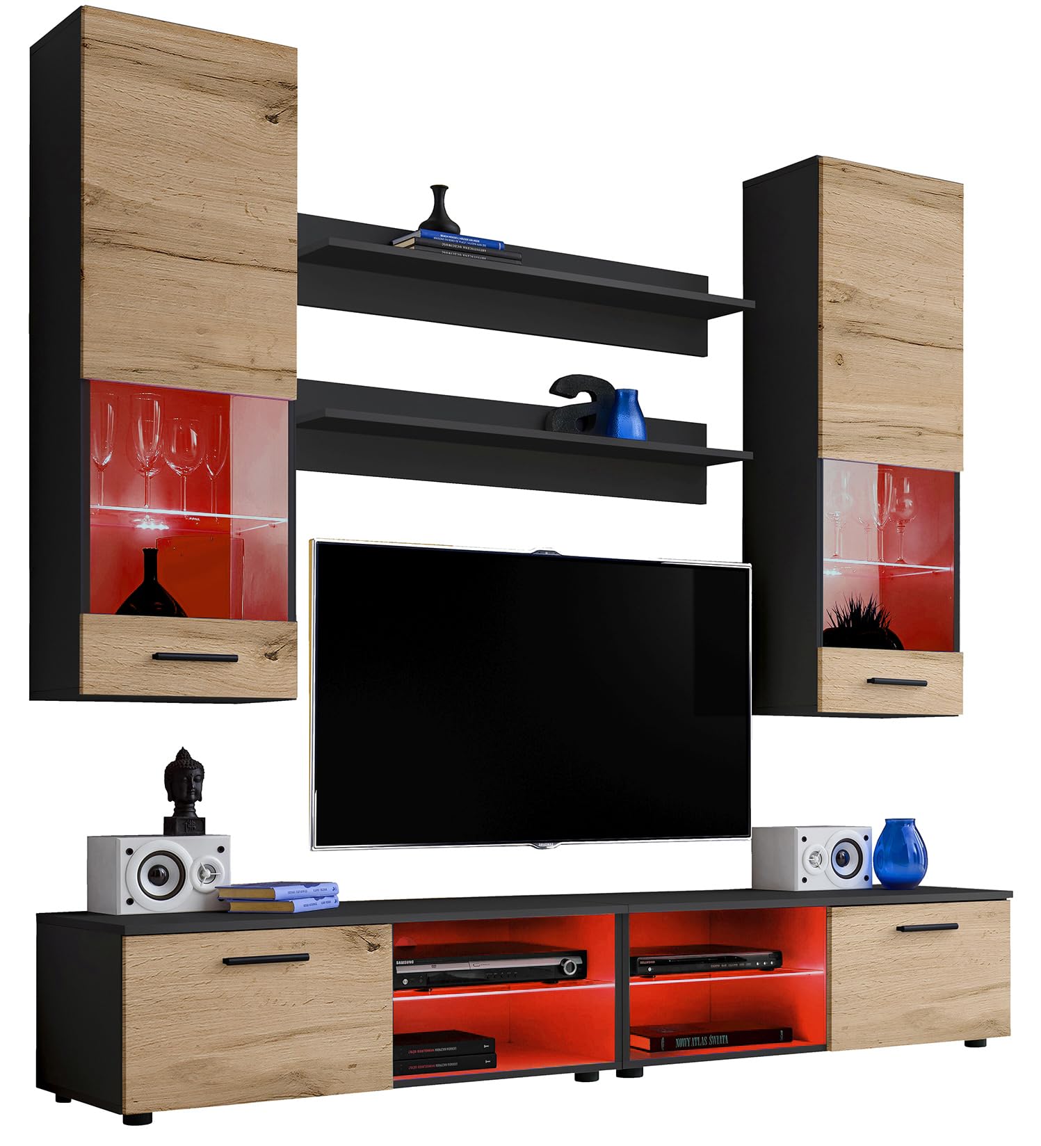 Komodee, Set Di Mobili RTV Varallo, Nero/Wotan, Larghezza 200 cm x Altezza 195 cm x Profondità 45 cm, LED RGB, Per Soggiorno, Camera Da Letto
