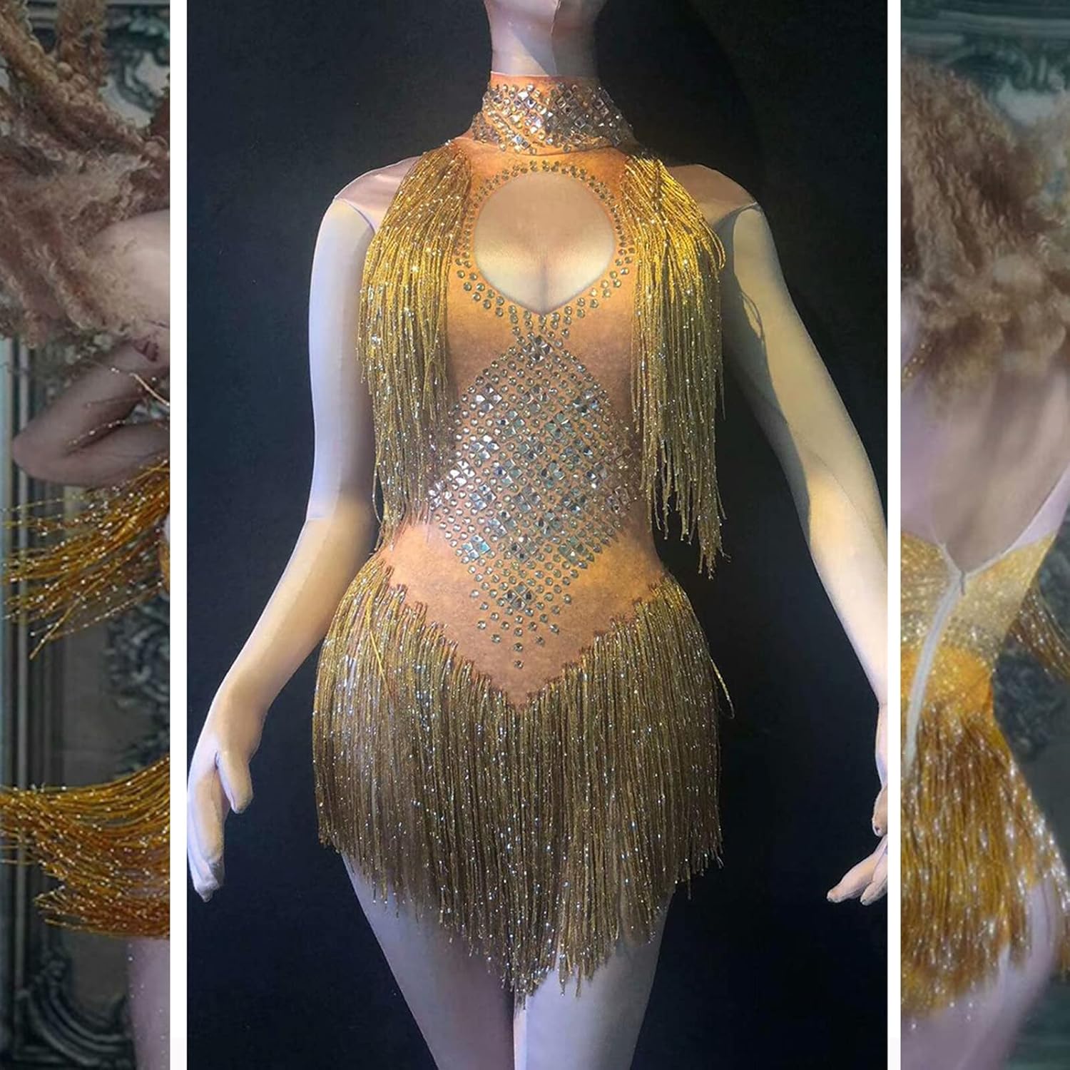 Sparkly Drag Queen Outfit Rhinestone Tassel Bodysuit Nightclub Show Stage Team Stretch Latin Jazz Salsa Dance Costumes