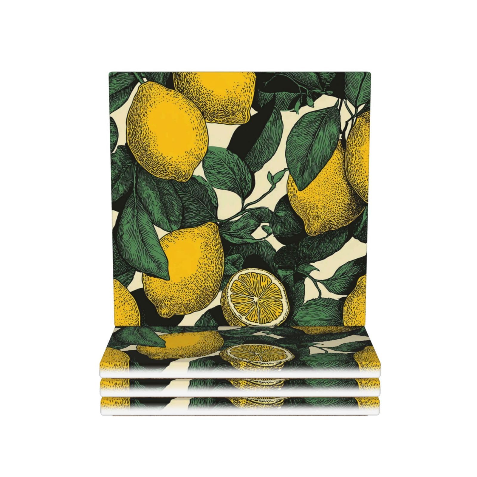 Drink Coasters Set of 4 Ceramic Coaster Lemon Fruit Pattern Coasters for Drinks Cups Mugs Mat Pads Absorbent Non-Slip Decorative Cup Coaster for Coffee Table Kitchen Bar Home Decor