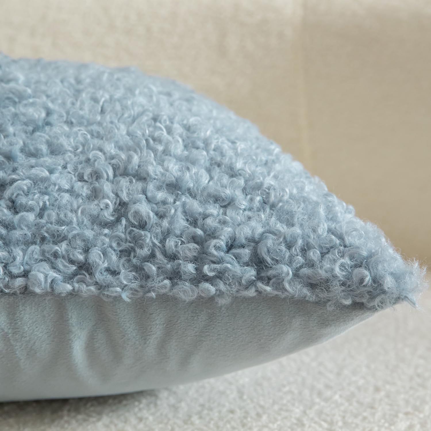 YAERTUN Pack of 2 Faux Fur Cushion Covers Decorative Sherpa Boucle Throw Pillow Covers Fuzzy Soft Sheepskin Fleece Pillowcases for Couch Sofa Bed Living Room 16x16 Inch 40x40cm Light Blue - Image 4