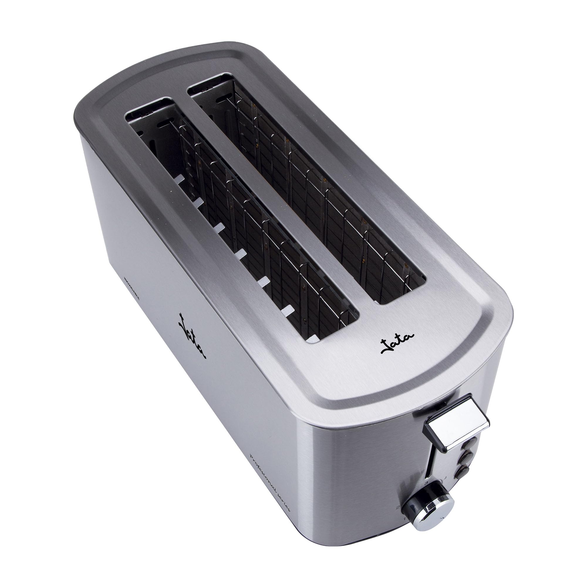 Jata TT1046 - Tostadora Inox de Ranura Larga Doble 1400W, Tostador de Pan con Descongelación y Recalentado, 5 Niveles de Tostado, Acero Inoxidable, Bandeja Recogemigas