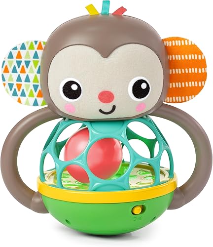 Bright Starts Grab & Giggle Monkey Light-Up Musical Rattle Toy with Easy-Grasp Oball, Ages 6 Months+, Unisex