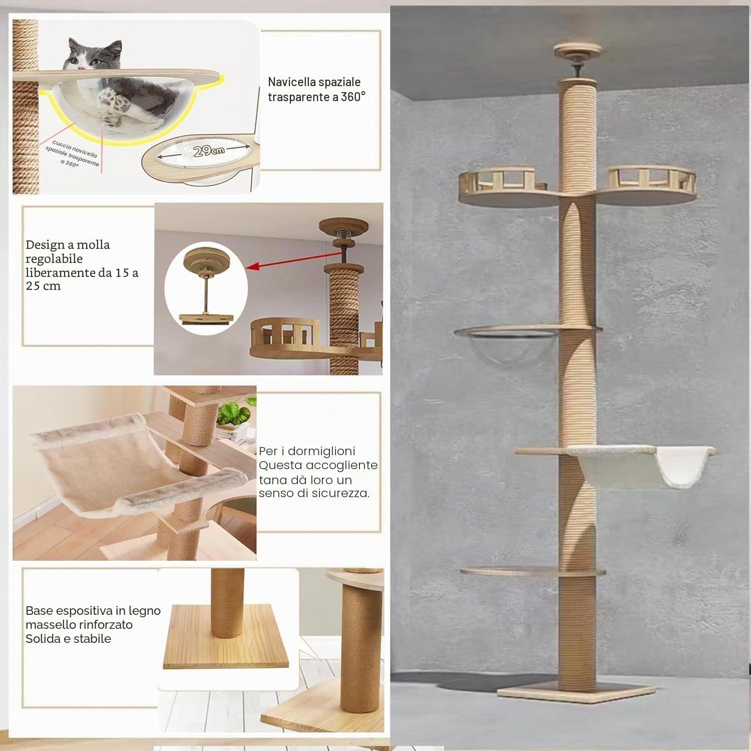 Tiragraffi dal pavimento al soffitto, regolabile in altezza, 240-250 cm, 265-275 cm, larghezza 11 cm, amaca per gatti completamente avvolta in corda di sisal