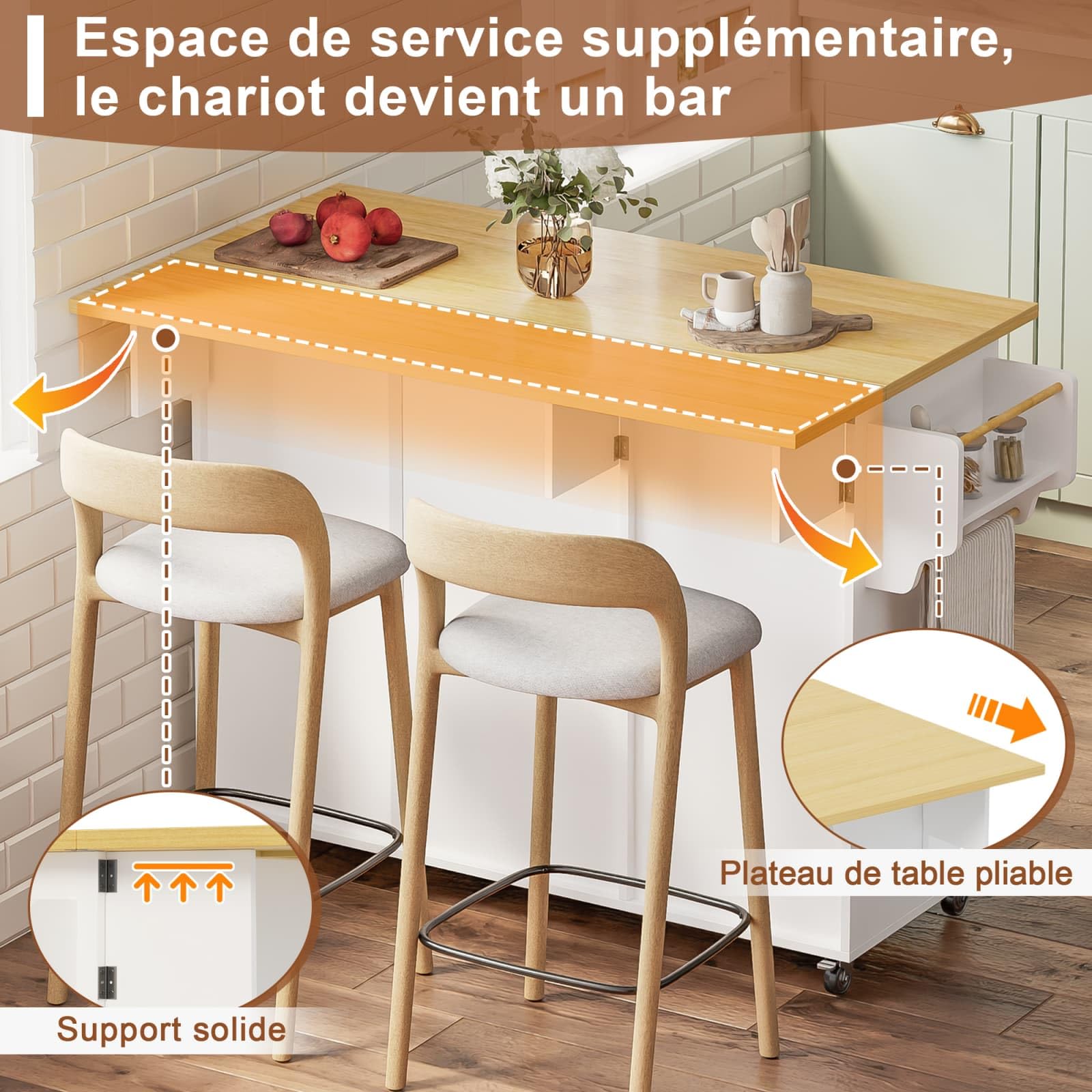 KOMHTOM Desserte de Cuisine à roulettes avec Plan Travail Rabattable Chariot Rangement Grand Tiroir Placard Blanc Bois(120cm Classique Blanc)